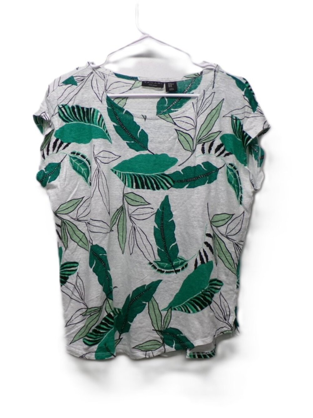 Tahari 100% Linen Palm Frond Tropical Print Breezy Linen T-shirt Size XL